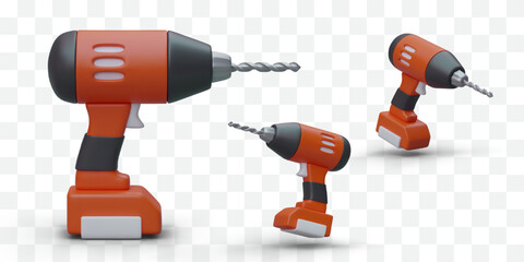 Set of realistic electric drills. 3D hand drilling machine, side, top, bottom view. Modern construction tools on batteries. Vector illustration in red and black