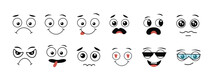 Cartoon Faces. Expressive Eyes And Mouth, Smiling, Crying And Surprised Character Face Expressions. Caricature Comic Emotions Or Emoticon Doodle. Isolated Vector Illustration Icons Set 