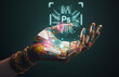 AI humanoid hand holding PS microchip hologram, AI art generator technology concept, Generative AI illustration