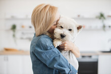 Close Up View Of Tender Young Woman Cuddling Little White Dog While Holding Clever Pet In Arms Indoors. Caring Short-haired Lady In Jeans Outfit Getting Great Bonding Opportunity Via Canine Hugs.