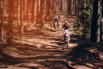 Wall Mural - Motorcycle racers on enduro sports motorcycles are driving fast on a dusty road in the forest in an off-road race on a sunny day