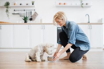 Caring young woman in denim shirt and yoga pants putting dog bowl with breakfast for white furry pet on room floor. Affectionate female owner providing best care for little animal in home interior.