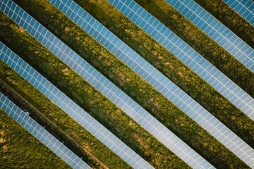 Solar panel rows aerial view. Photovoltaic panels farm from the sky, diagonal rows for renewable solar energy. Reducing carbon footprint concept, clean green energy for the future.