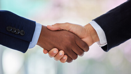 Handshake, partnership and contract with closeup of business people for welcome, thank you and deal. Teamwork, hiring and meeting with employees shaking hands for interview, networking and promotion