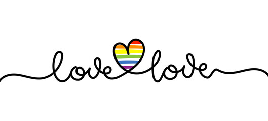Wall Mural - Love is love - LGBT pride slogan against homosexual discrimination. Modern calligraphy with rainbow colored characters. Good for scrap booking, posters, textiles, gifts, pride sets.