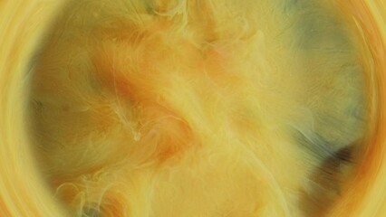 Wall Mural - Smoke circle. Ink water. Fluid swirl. Fume vortex. Bright yellow orange color vapor round frame splash motion abstract art opener background.