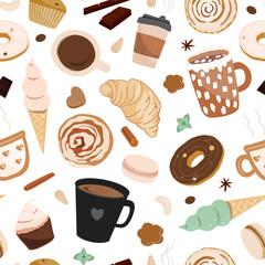 Seamless pattern coffee and dessert on white background. Donuts, macarons, cinnamon roll, and croissants. Design food menu, concept for cafe, restaurant element.