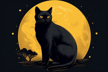 Illustration Of A Black British Cat With The Yellow Moon Above It, Generative AI