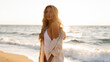 © Svetlana Sokolova - Beautiful blond woman in sexy swimwear posing on the beach in sunset light. Prtfect wavy hairs, tan skim body. Summer tropical mood.