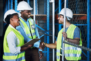 Poster - Contractor, team and shake hands at a warehouse for hiring and collaboration at a building company. Builder, together and shaking hand at a construction site for partnership and welcome by leader.