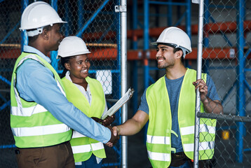 Poster - Builder, agreement and construction hand shake for partnership and meeting for a job. Contractor, collaboration and leadership with shaking hand at work for building project for architect on site.