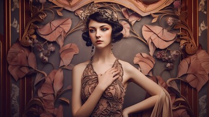 Art Nouveau Portrait of beautiful young woman. Retro style. AI generative image.