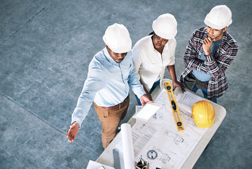 Poster - Business people, architect and blueprint in meeting for construction, planning or collaboration with tablet mockup. Top view of group or engineering team in architecture project or floor plan on site