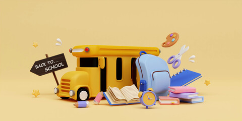 Wall Mural - 3d School bus with school accessories on yellow background. back to school. Ready for school concept. 3d rendering illustration.