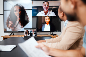 Leinwandbilder - Video call, meeting and planning with a group of business people in the boardroom for a virtual conference or workshop. Management, webinar and strategy with a corporate team in an office at work