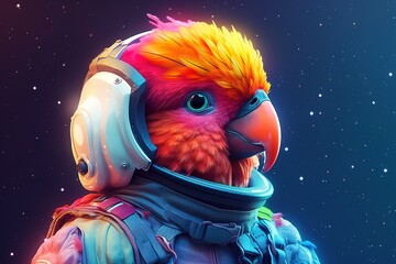 Cartoon alien robot. Bird in a space suit with a colorful head. generative ai