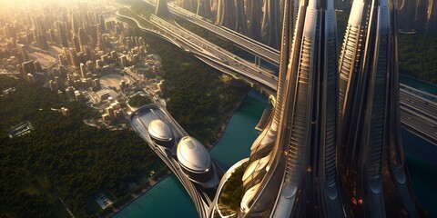 Wall Mural - futuristic high-tech city with advanced infrastructure, science fiction cityscape, fictional landsca