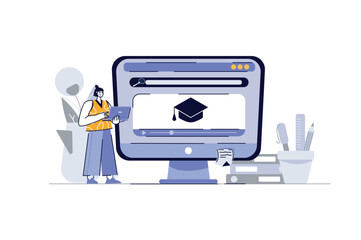 Aufkleber - Online education concept with people scene in the flat cartoon style. The student acquires knowledge in online lessons. Vector illustration.
