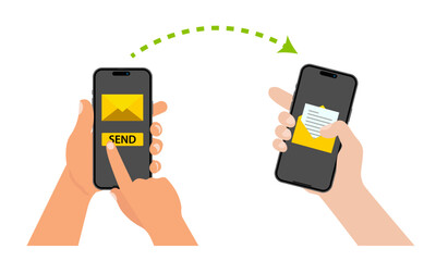 Poster - Hand holding a smart phone on the envelope screen and pressing the send button, while a notification appears on the smartphone screen indicating a new message. Vector.