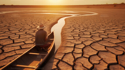 Young man paddle a boat at dry cracked earth hot weather of the sun, Drought and water crisis. Generative AI