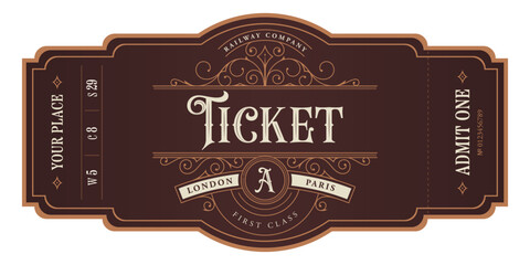 Wall Mural -  Train vintage ticket template on dark brown background. For excursion routes, retro parties and clubs and other projects. Just add your text. Vector, can be used for printing.