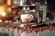 © aiAnxiety - An espresso machine brews coffee that drips into a cup, with scattered coffee beans around the machine. Studio light. Generative Ai