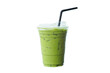 Iced of milk matcha green tea in plastic cup isolated white background. PNG file