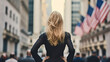 © Kingboy - Successful and powerful business woman standing near stock exchange in New York City street. Generative AI