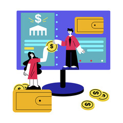 Wall Mural - Young lady standing on big wallet, male standing on computer screen and holding coin. Online banking management, web wallet concept. Flat vector illustration in blue colors