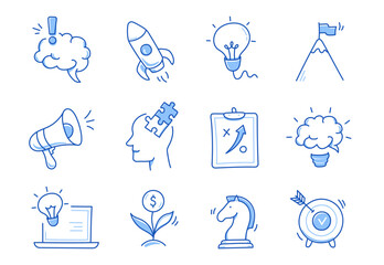 Wall Mural - Business idea, startup doodle line icon set. Hand drawn doodle sketch line style business strategy, finance goal concept. Rocket, target, brain cute element. Vector illustration