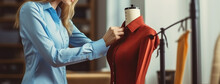 Tailor Woman Using A Measuring Line To Perfectly Fit A Shirt On A Mannequin. Generative AI