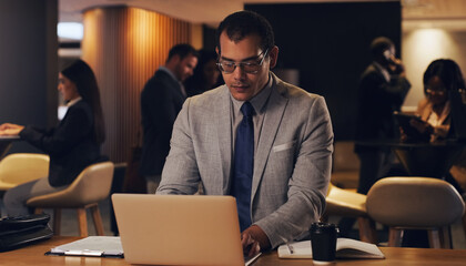 Aufkleber - Laptop, corporate lounge and business man focus on company project, online analysis or typing email. Lobby, website and professional person doing research, internet search or working on night report