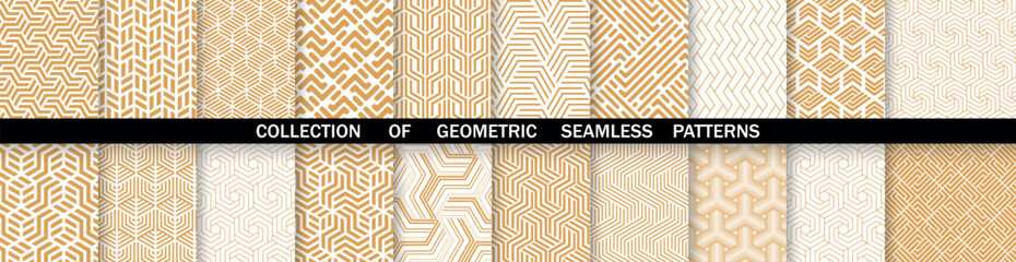 Geometric set of seamless gold and white patterns. Simpless vector graphics