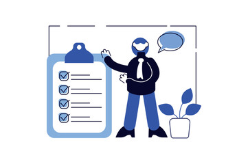 Aufkleber - To-do list minimalistic concept with people scene in the flat cartoon design. A time management specialist creates a list of things that need to be done. Vector illustration.