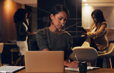 Aufkleber - Notebook, corporate lounge and woman writing company schedule, journal note or online sales info in planner. Book, laptop and professional person planning, research or plan business agenda at night