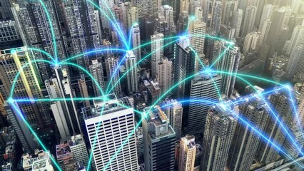 Aerial, smart city and network with blue neon, connection or futuristic cyber security, global or code and iot. Urban drone, buildings or skyscraper with future database, internet or cloud computing