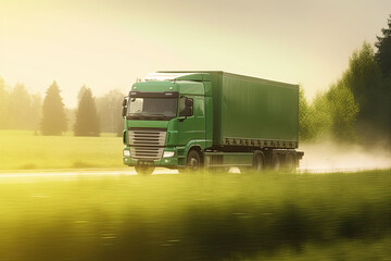 Transport truck driving through a blurred green meadow at sunset. Generative AI