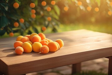 Wall Mural - ripe picked apricots on a wooden table in an orchard. eco fruits generative ai,