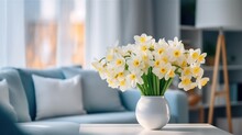 Bouquet Of White And Yellow Daffodils In A Small Vase, Hotel Room Background With Copy Space