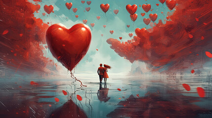 Wall Mural - Romantic illustration with couple in love and floating hearts