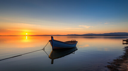 Wall Mural - boat floating on a tranquil body of water during a stunning sunset, romantic date in summer trip, holiday banner, AI