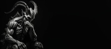 Black And White Photorealistic Studio Portrait Of The Demonic Being Lucifer The Devil Concept On Black Background