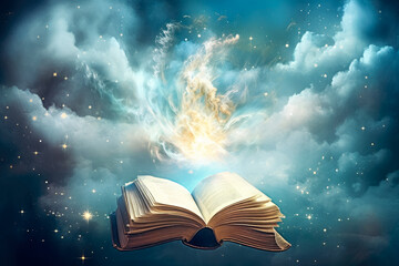 Open magic book book bursting with sparking magic, light in the night sky, starry sky and clouds, whimsical magic. Generative Ai.