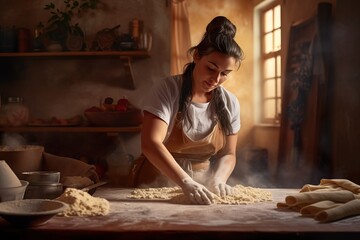 Generative AI. Confident woman making homemade pasta in a rustic Italian kitchen