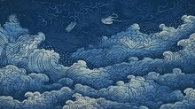 Blue Rough Waves Of Japanese Traditional Ukiyo-e Abstract And Elegant Modern AI-generated Illustration