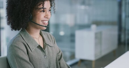 Wall Mural - Happy woman at help desk typing on computer with smile and advice, consultant at customer service agency. Happiness, telemarketing and virtual assistant at call center on internet search in office.