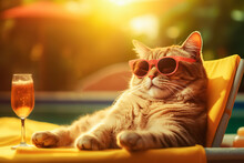 Illustration Of A Cat On Vacation By The Swimming Pool