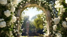 Stone Arch Decorated With White Flowers And Green Leaves On A Blurred Background Statue