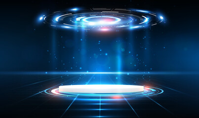 Poster - Futuristic pedestal or portal and hologram podium in cyberspace. Fantastic Circle portals, holograms teleport gadgets. Sci-fi digital hi-tech in glowing HUD projector for presentation product. Vector