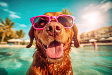 Illustration of happy dog swimming on vacation